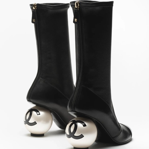 CHANEL Shoes - Chanel 25K Black White Pearl Ball Heel CC Logo Stretch Leather Calf Boots